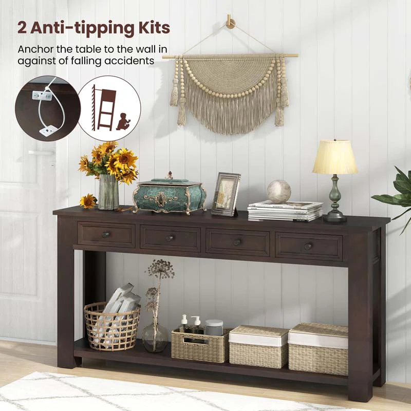 Eletriclife 63 Inches Farmhouse Entryway Table with 4 Storage Drawers and Open Shelf