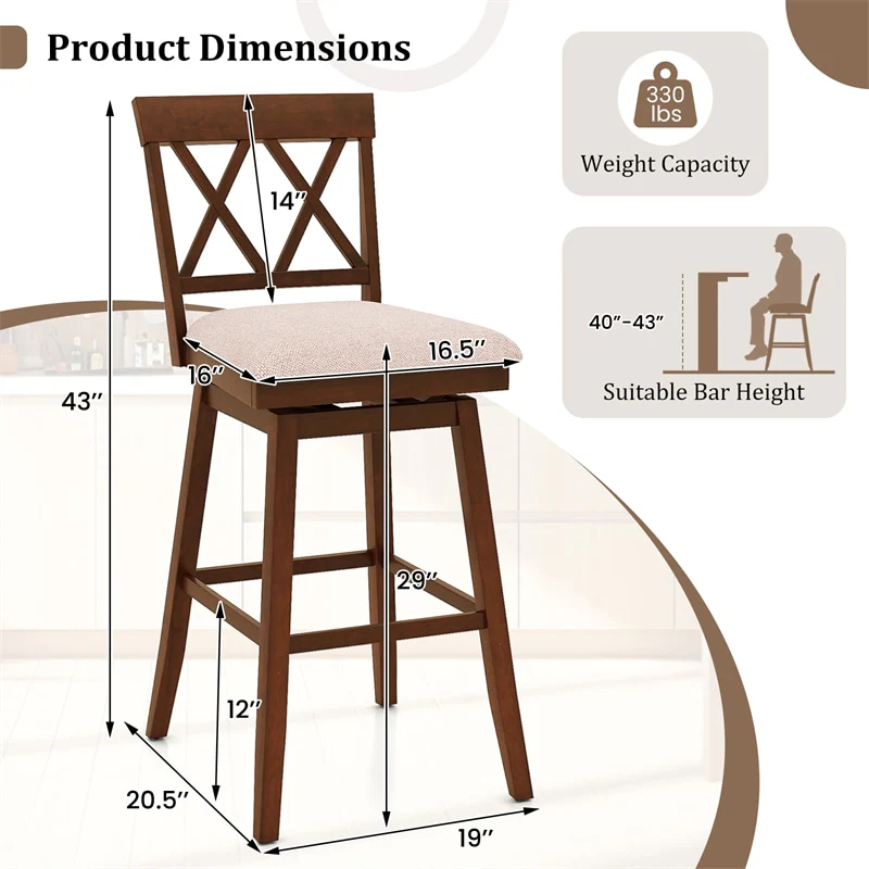 Eletriclife Set of 2 Swivel Bar Stools 29" Bar Height Chairs with Back, Padded Seat & Rubber Wood Frame for Kitchen Island