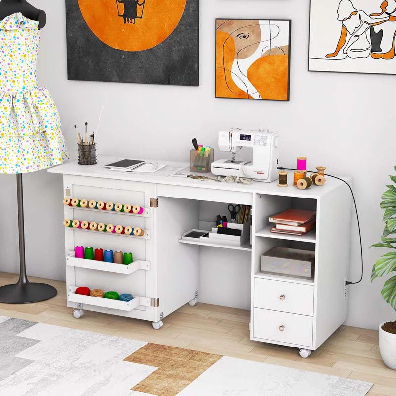 Eletriclife Folding Sewing Table with Charging Station and Storage Shelves