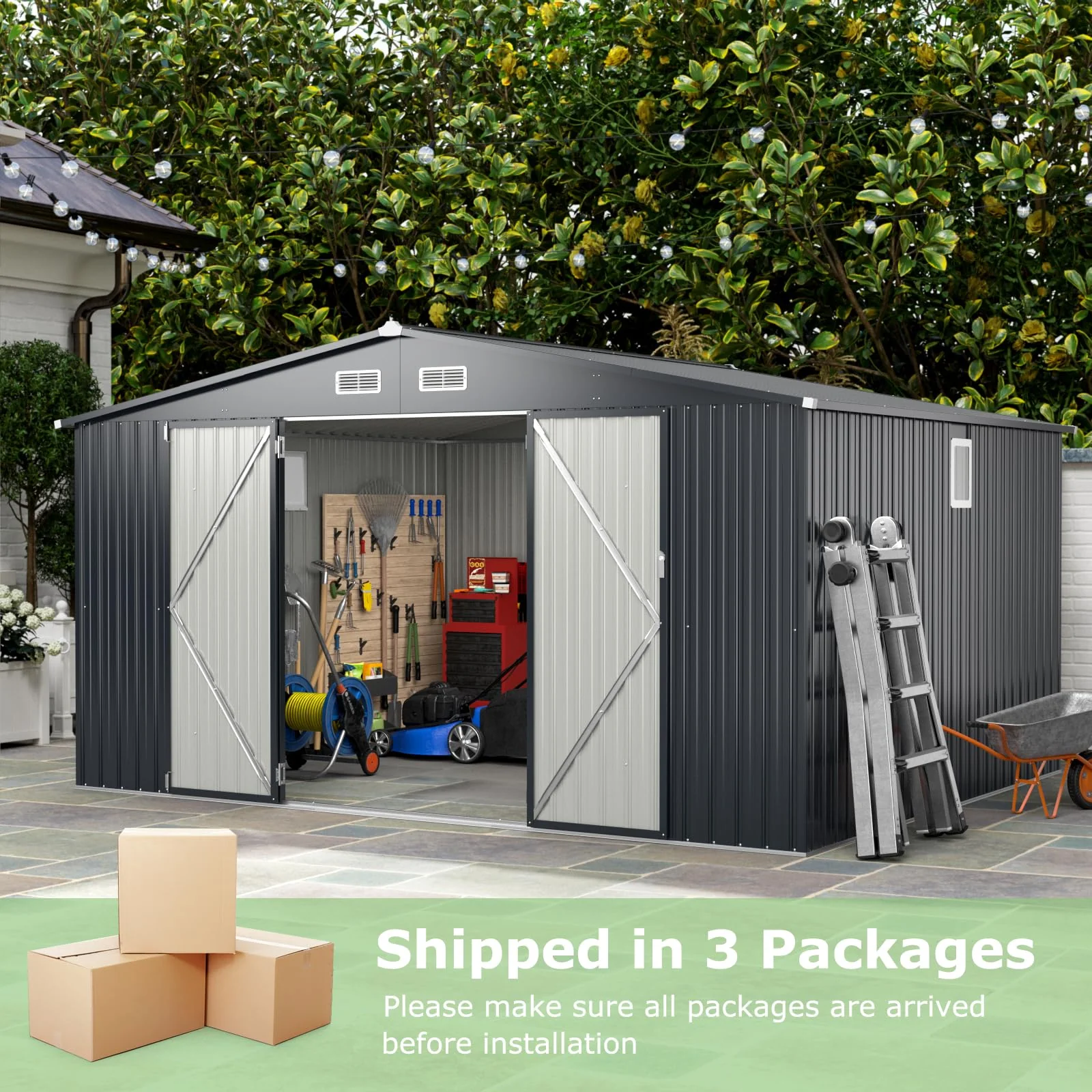 Eletriclife 12 x 9.8 Feet Outdoor Storage Shed with Lockable Door and Pitched Roof