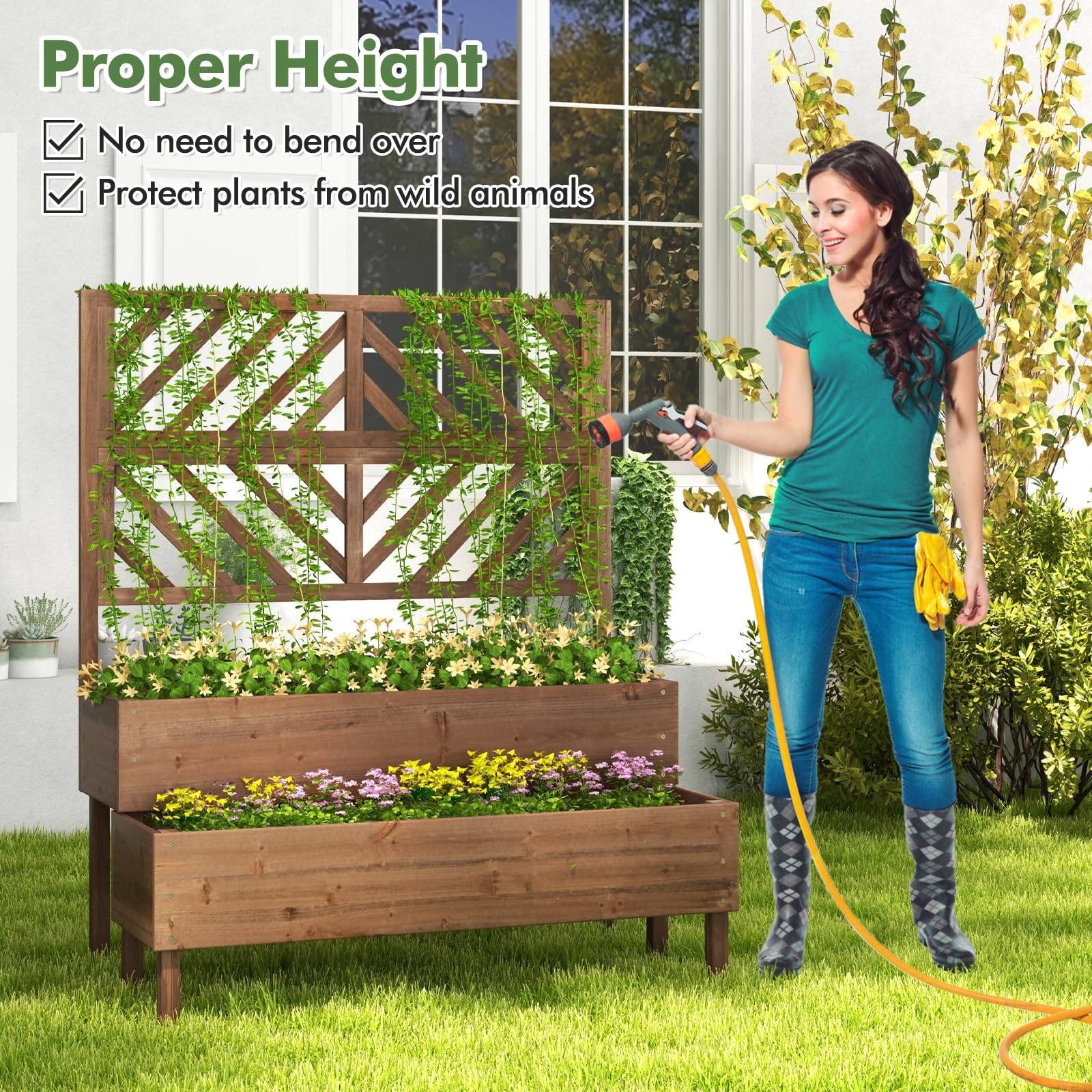 Eletriclife 2-Tier Raised Garden Bed with Trellis and 2 Planter Boxes