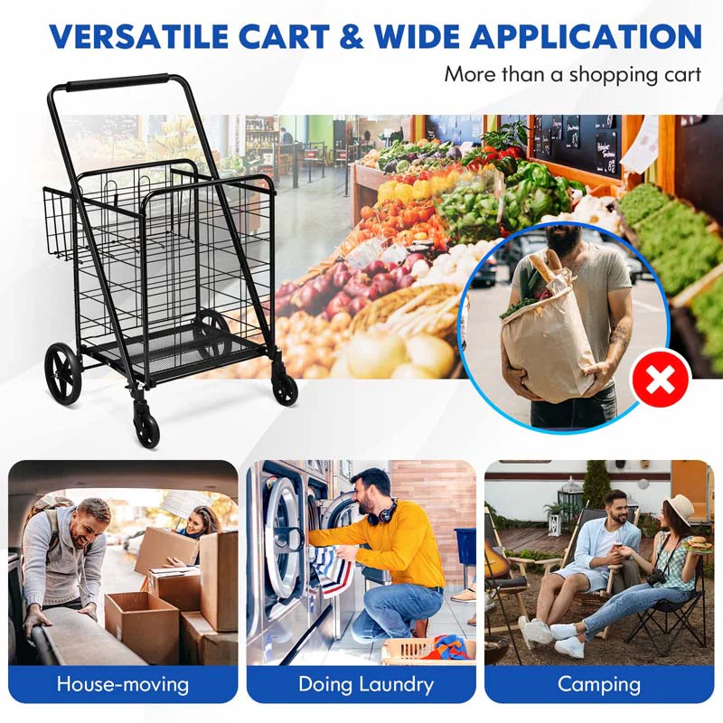 Eletriclife Double Basket Folding Jumbo Shopping Cart with 360 Rolling Swivel Wheels