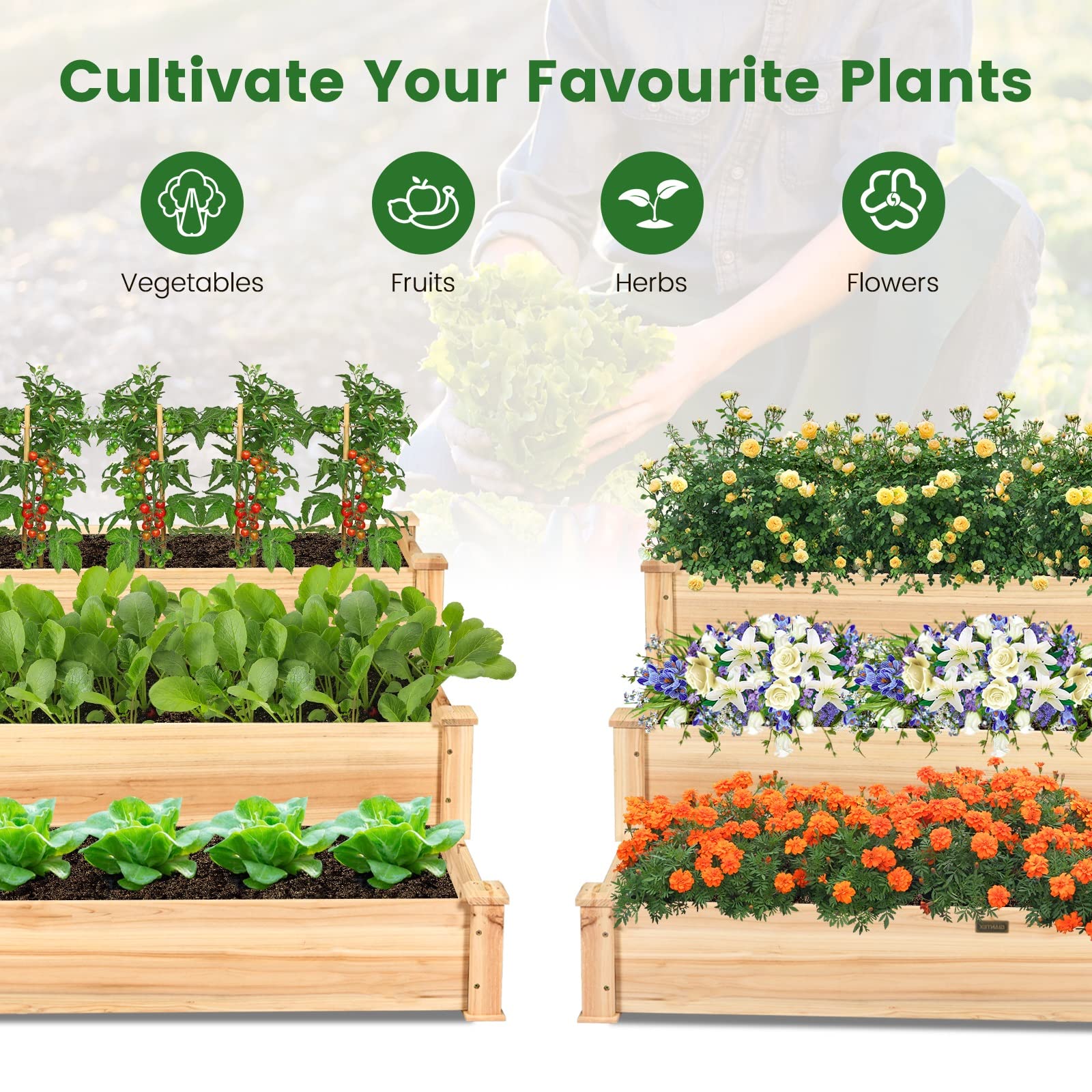 Eletriclife 49" x 49" x 22" 3-Tier Raised Garden Bed Fir Wood Elevated Planter Box