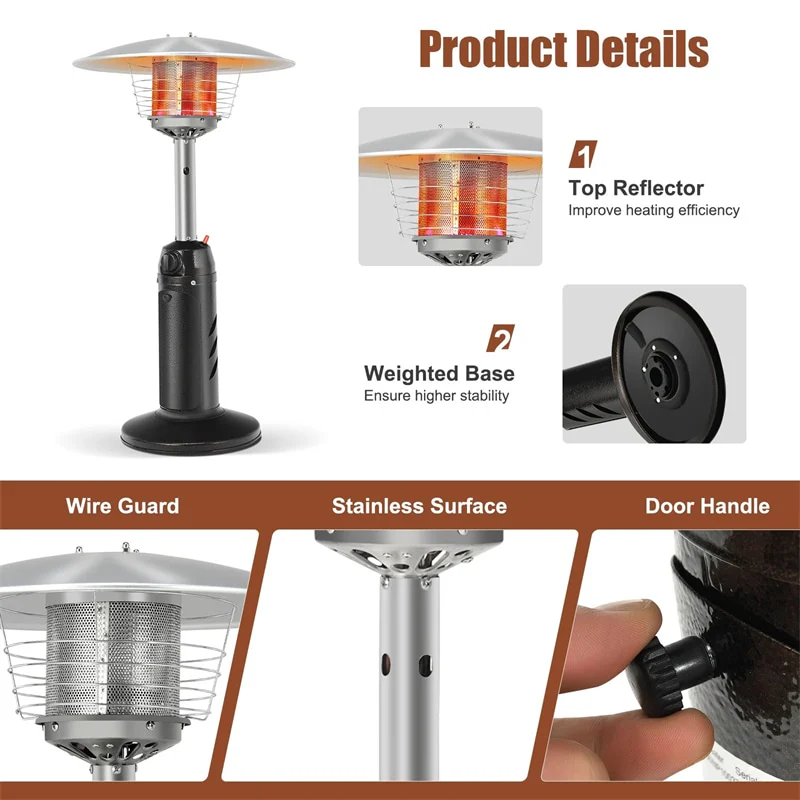 Eletriclife 13,000 BTU Portable Tabletop Propane Patio Heater Stainless Steel LP Gas Heater with Weighted Base