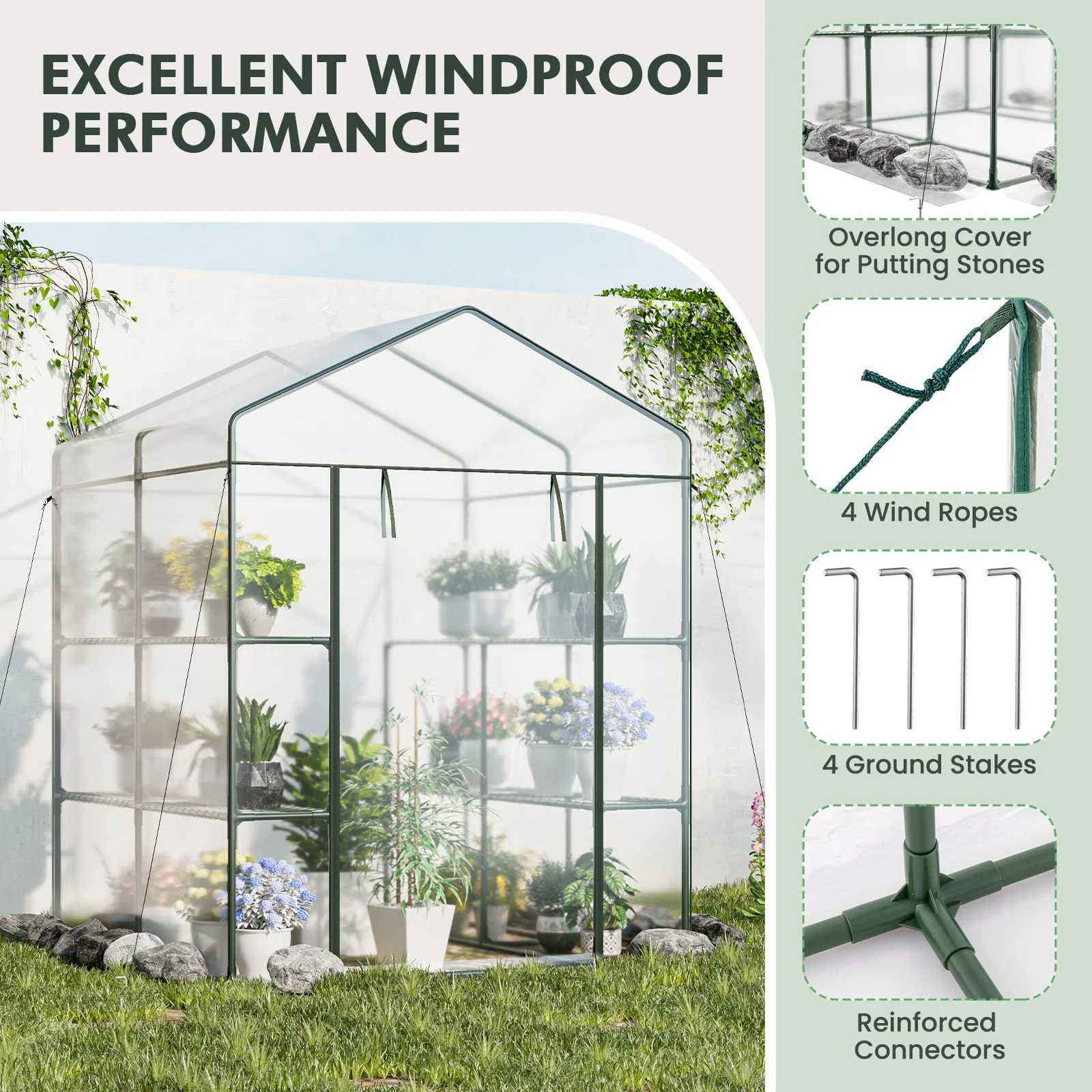 Eletriclife Walk-in Greenhouse with 3 Tiers 4 Shelves, PVC Cover, Roll-up Zippered Door