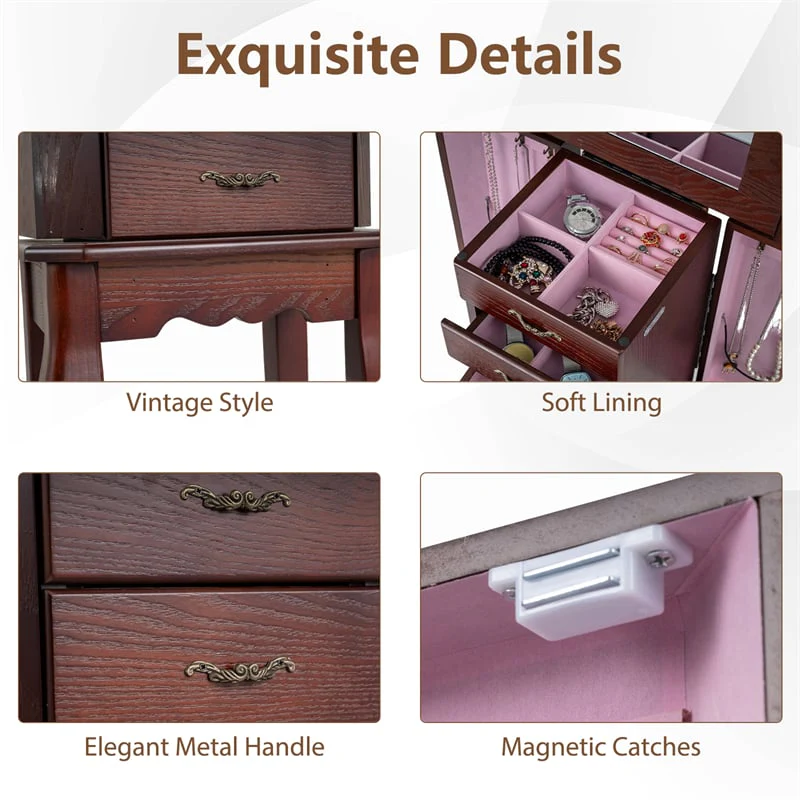 Eletriclife Vintage Wood Standing Jewelry Armoire Cabinet with Flip Top Mirror 4 Drawers