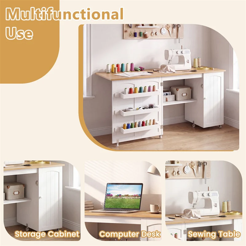 Eletriclife 62.5" Folding Sewing Table Rolling Craft Station with Storage Cabinet & Shelves