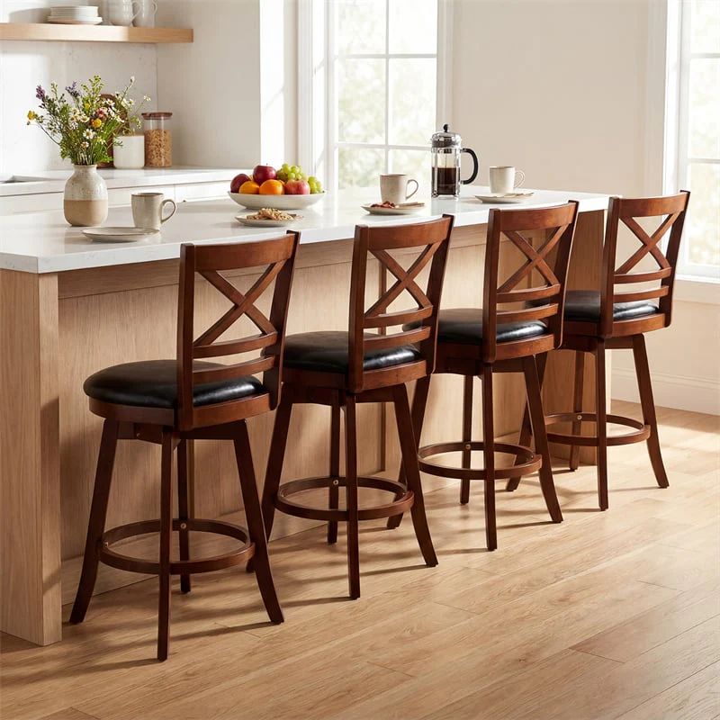 Eletriclife Set of 2 Swivel Counter Height Bar Stools 25" Rubber Wood Barstools with High Back