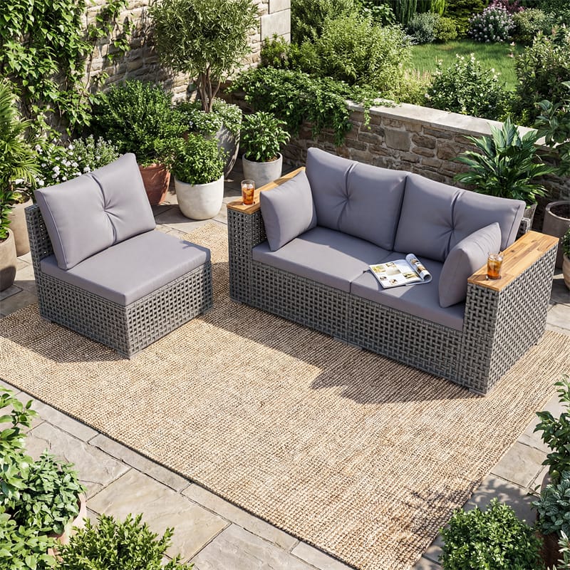 Eletriclife 86.5" 3-Seat Patio Wicker Sofa 3PCS Modular PE Rattan Sectional Furniture Set with Cup Holders