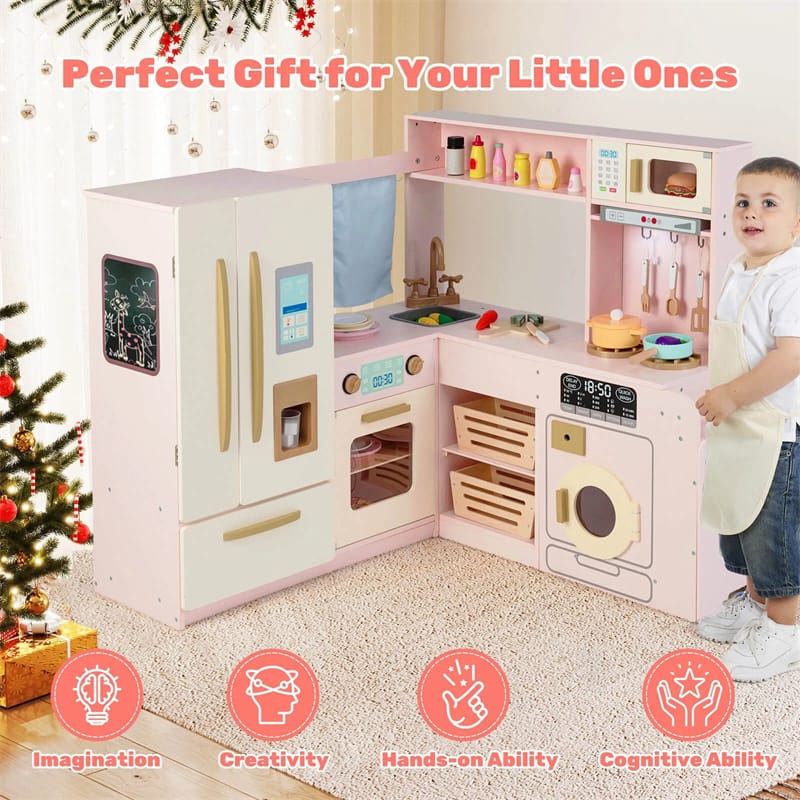 Eletriclife Corner Kids Kitchen Playset with Trash Can, Real Lights & Sounds, 2-Door Fridge