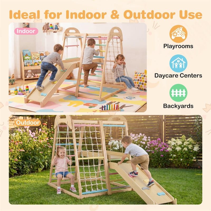 Eletriclife 8-in-1 Wooden Indoor Jungle Gym Montessori Climber Playset with Slide & Swing for Kids