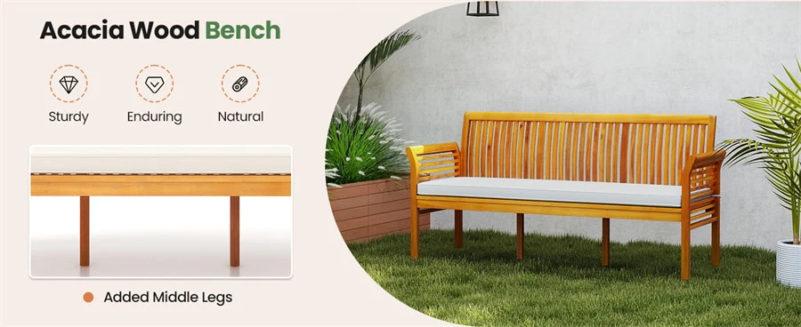 Eletriclife 62.5" 3-Person Outdoor Acacia Wood Bench with Cushion & High Backrest, 2000LBS Capacity