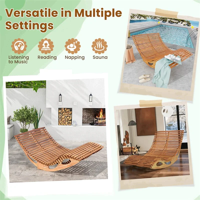 Eletriclife Acacia Wood Outdoor Double Rocking Chaise Lounge with Slatted High Backrest & Seat for Poolside