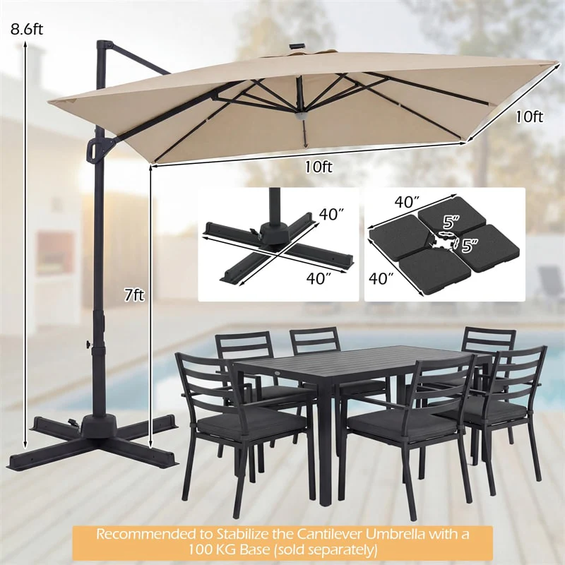 Eletriclife 10FT Square Offset Cantilever Patio Umbrella with 32 Solar LED Lights & 360° Rotation for Poolside, Yard