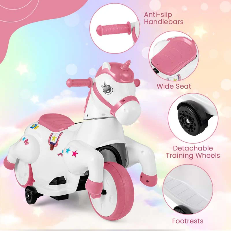 Eletriclife 12V Unicorn Ride on Toy with Training Wheels and Horse Riding Mode