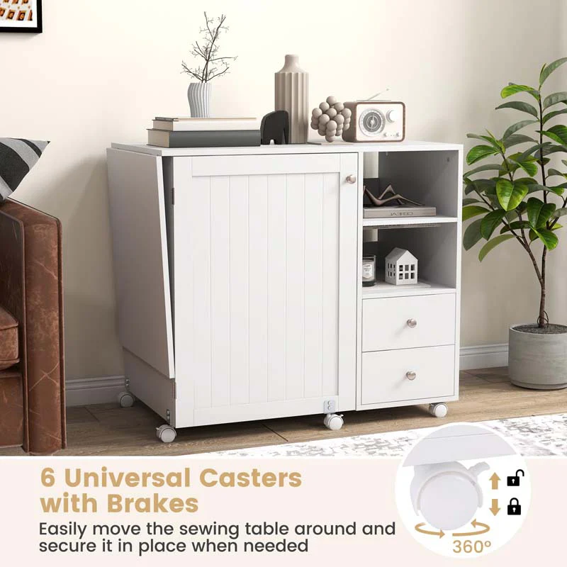 Eletriclife Folding Sewing Table with Charging Station and Storage Shelves