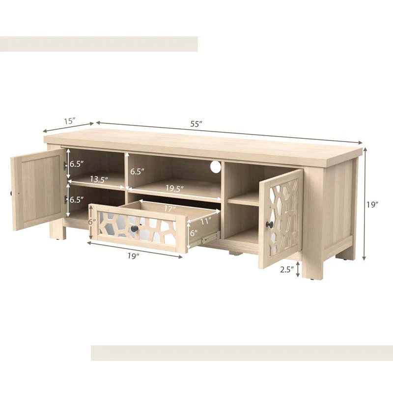 Eletriclife 55 Inch Retro TV Stand Media Entertainment Center with Mirror Doors and Drawer
