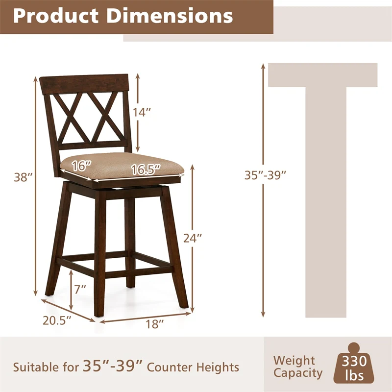 Eletriclife Swivel Bar Stools Set of 2, 24" Counter Height with Backrest, Padded Seat & Rubber Wood Frame for Kitchen Islands