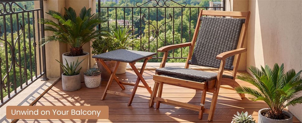 Eletriclife 3-Piece Patio Lounge Chair Set Acacia Wood Rattan Wicker Folding Chaise Lounge with Retractable Ottoman & Side Table