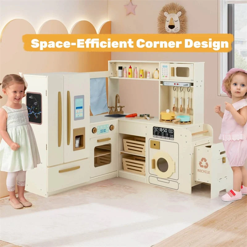 Eletriclife Corner Kids Kitchen Playset with Trash Can, Real Lights & Sounds, 2-Door Fridge
