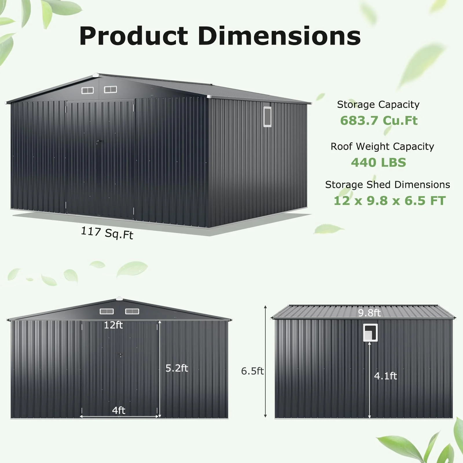 Eletriclife 12 x 9.8 Feet Outdoor Storage Shed with Lockable Door and Pitched Roof