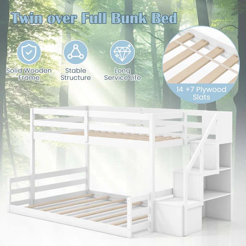 Eletriclife Solid Wood Twin Over Full Low Bunk Bed with Storage Stairs