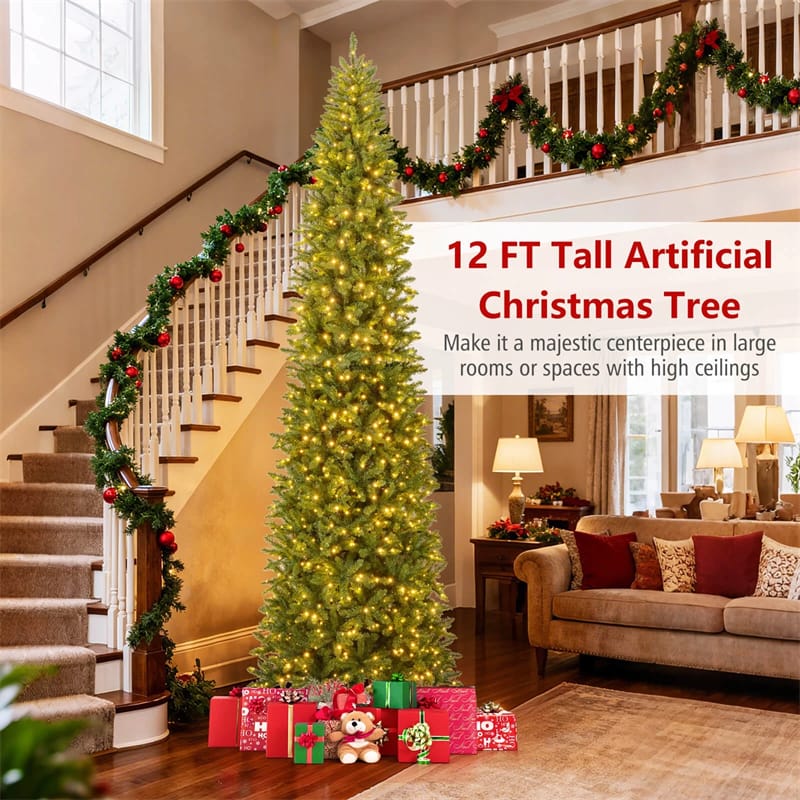 Eletriclife 12 FT Pre-Lit Slim Pencil Christmas Tree with 1000 Warm White LED Lights for Holiday Decoration