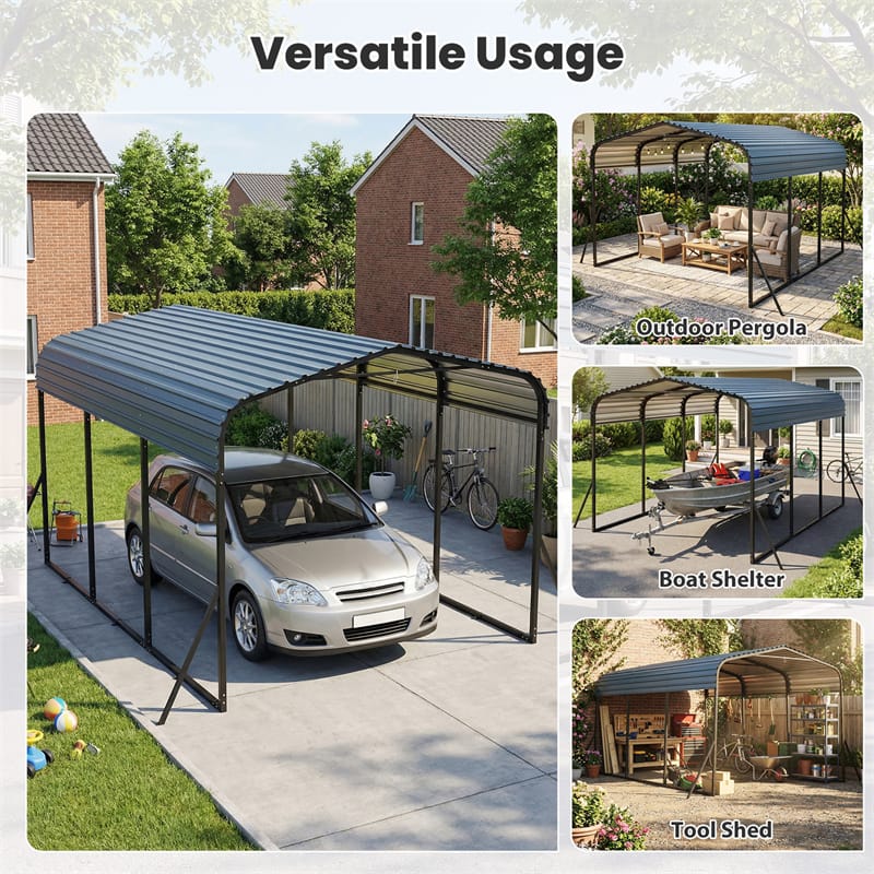 Eletriclife Heavy-Duty Galvanized Steel Carport Hardtop Garage Shelter with Leak-proof Roof & Slant Legs