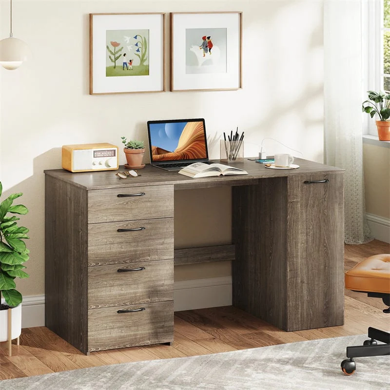 Eletriclife 53" Computer Desk with 4 Storage Drawers, Cabinet & Charging Station for Home Office Study