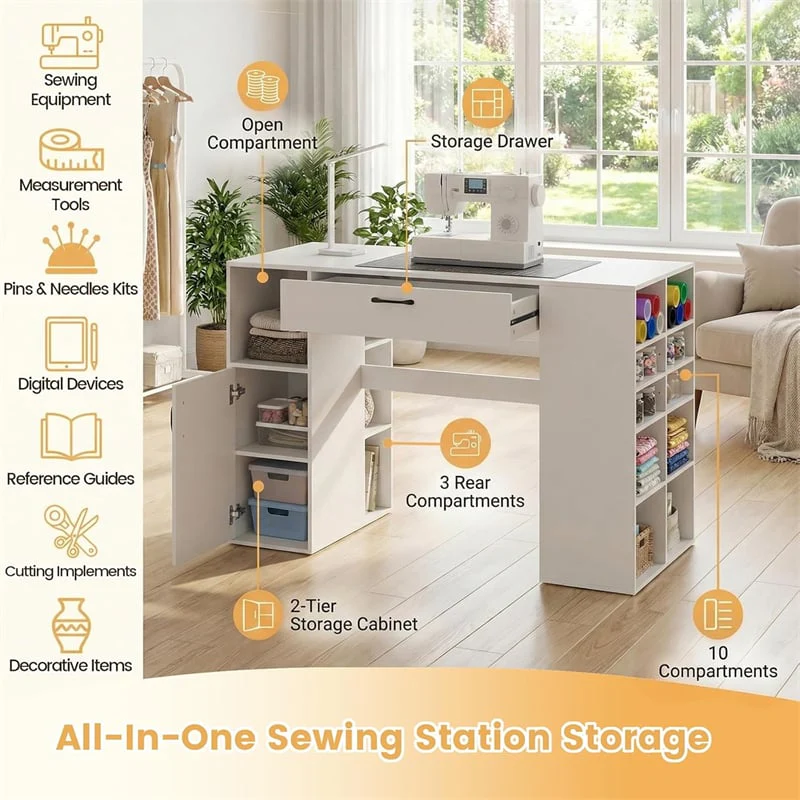 Eletriclife 53" Counter Height Sewing Craft Table with 14 Storage Cubes, Large Drawer & Cabinet