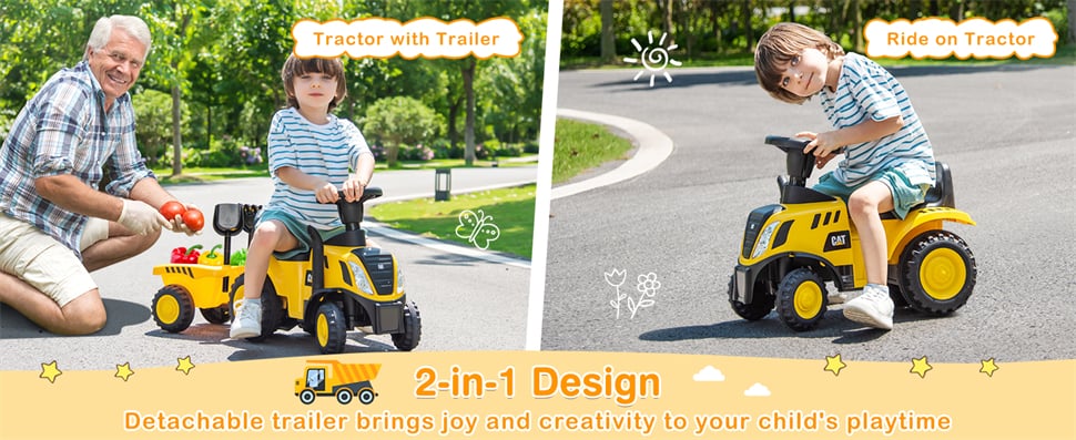 Eletriclife Kids Ride on Tractor 2-in-1 Licensed Caterpillar Foot-to-Floor Toddler Push Car with Detachable Trailer
