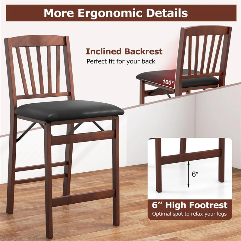 Eletriclife Set of 2 Folding Counter Height Bar Stools 24.5" Portable Kitchen Island Chairs with Padded Seat Rubber Wood Legs
