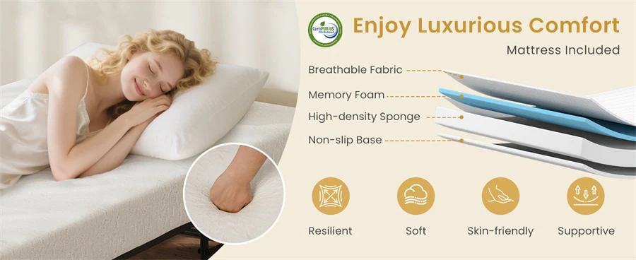 Eletriclife Twin Size Folding Bed with Memory Foam Mattress, Rollaway Guest Bed for Adults