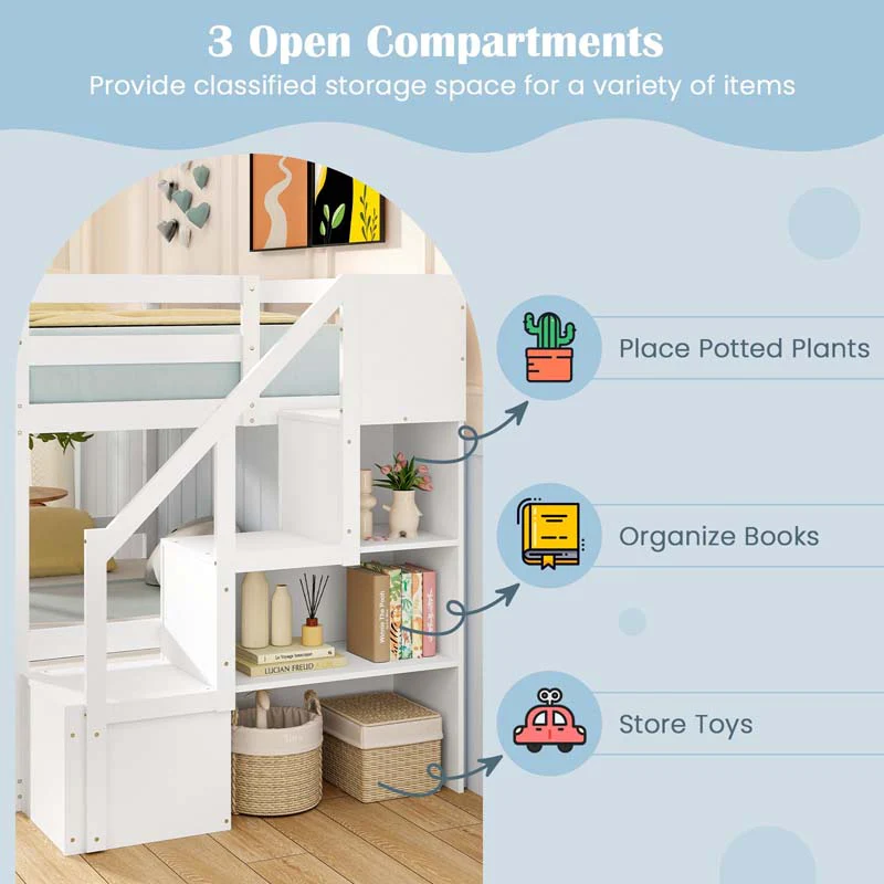 Eletriclife Solid Wood Twin Over Full Low Bunk Bed with Storage Stairs
