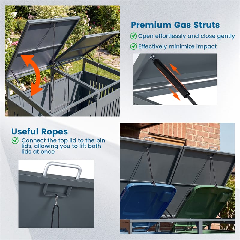 Eletriclife 44 Cu.Ft Outdoor Metal Trash Can Storage Shed for 2 Bins with Gas Struts & Lockable Double Doors