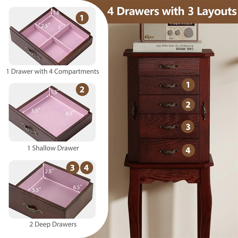 Eletriclife Vintage Wood Standing Jewelry Armoire Cabinet with Flip Top Mirror 4 Drawers