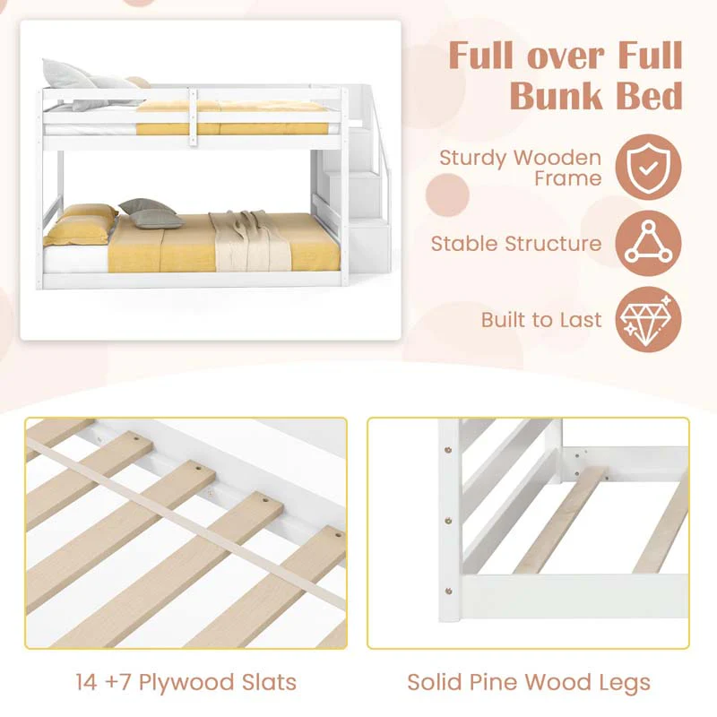 Eletriclife Solid Wood Full Over Full Low Bunk Bed with Storage Stairs