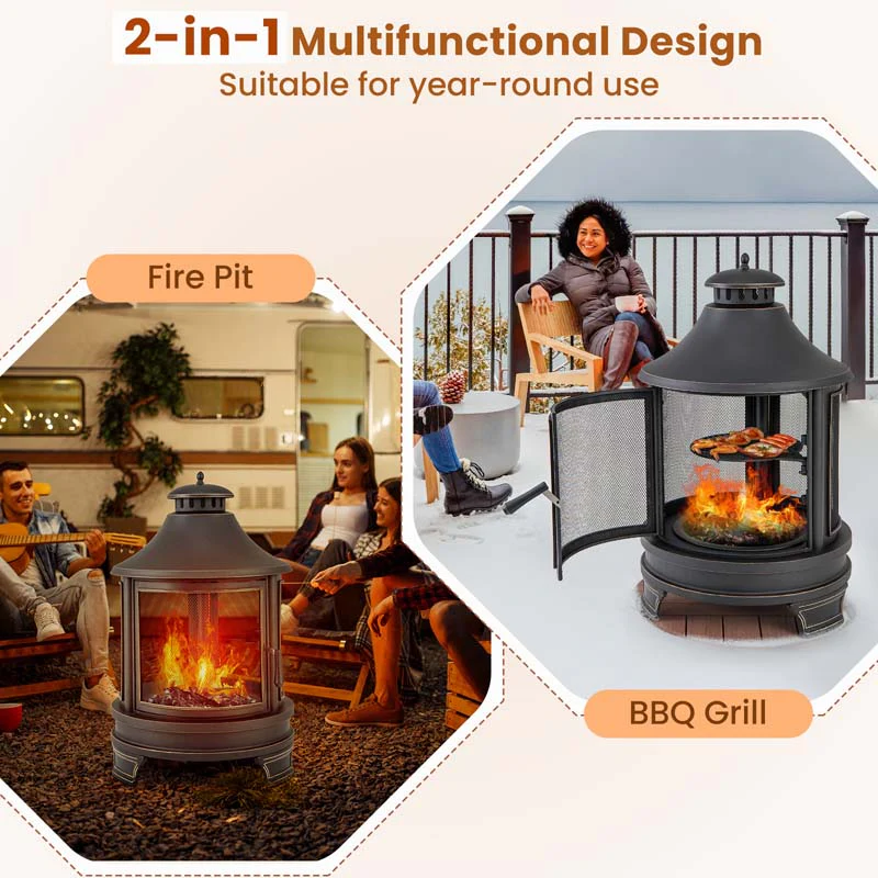 Eletriclife 30 Inch Outdoor Fire Pit Chiminea with Grill for Garden BBQ