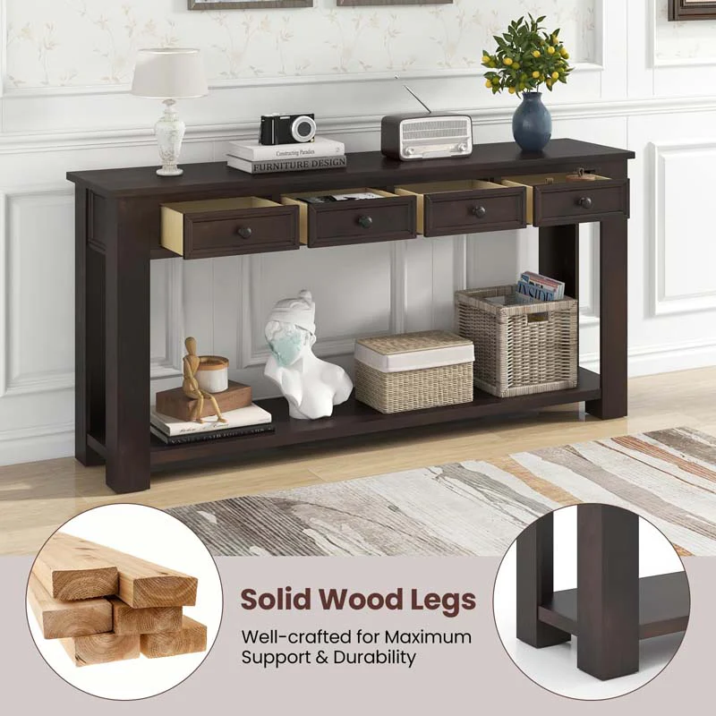 Eletriclife 63 Inches Farmhouse Entryway Table with 4 Storage Drawers and Open Shelf