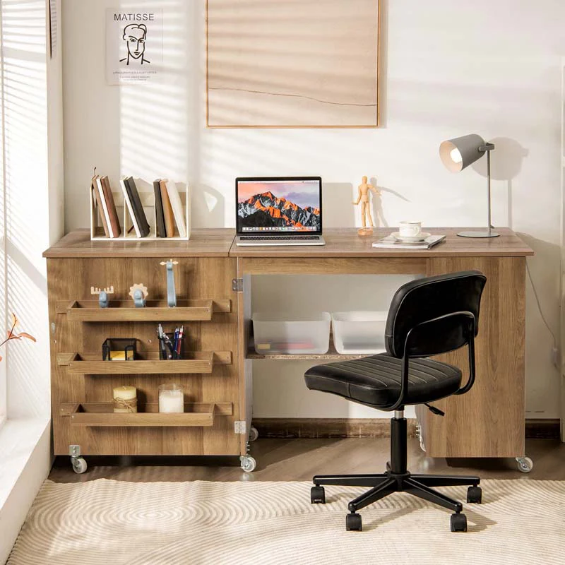 Eletriclife Folding Large Sewing Table Storage Shelves and Lockable Casters