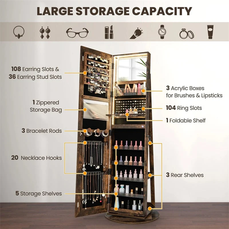 Eletriclife 360° Swivel Jewelry Cabinet Armoire with Full Length Mirror & 3-Color LED Lights