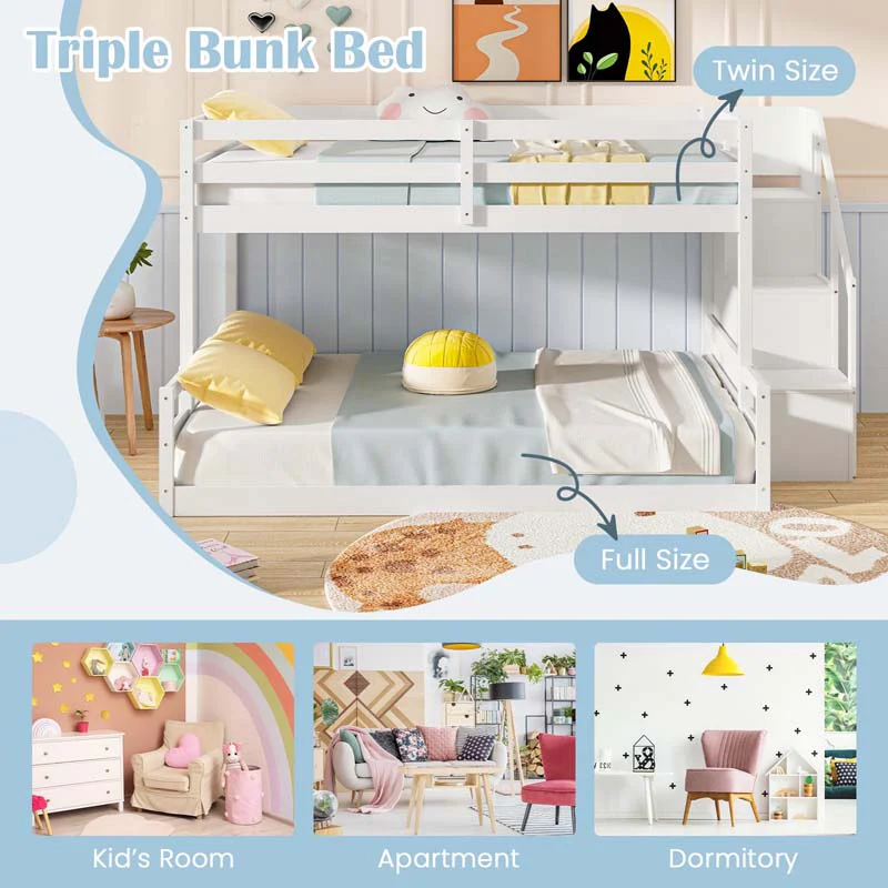 Eletriclife Solid Wood Twin Over Full Low Bunk Bed with Storage Stairs
