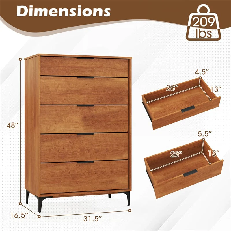 Eetriclife Mid-Century Modern 5-Drawer Dresser with Anti-Tip Interlock System