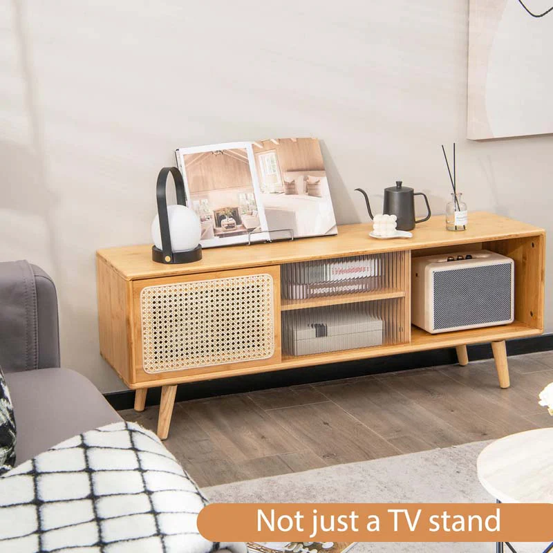 Eletriclife Modern TV Stand with Rattan Glass Sliding Doors