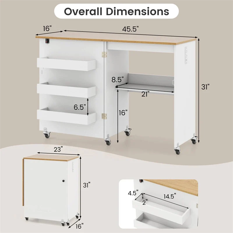 Eletriclife Folding Sewing Table Rolling Craft Table with Charging Station, Storage Tray & Shelf