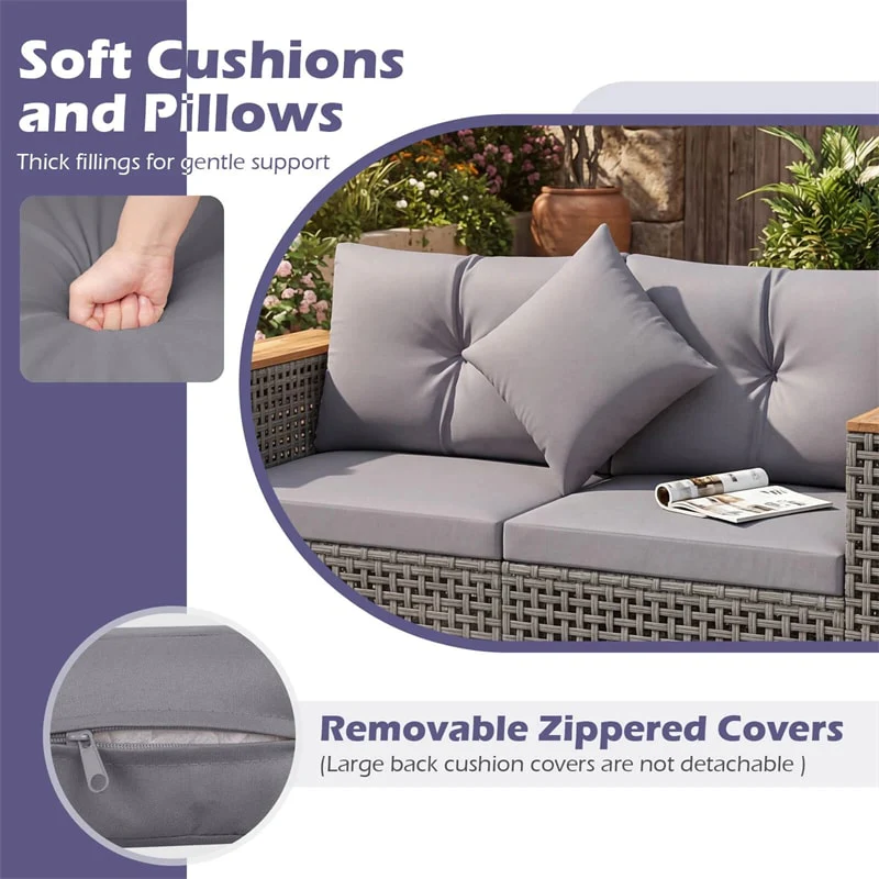 Eletriclife 62.5" Modular Patio Wicker Loveseat with Acacia Wood Armrests & Cup Holders for Garden Backyard
