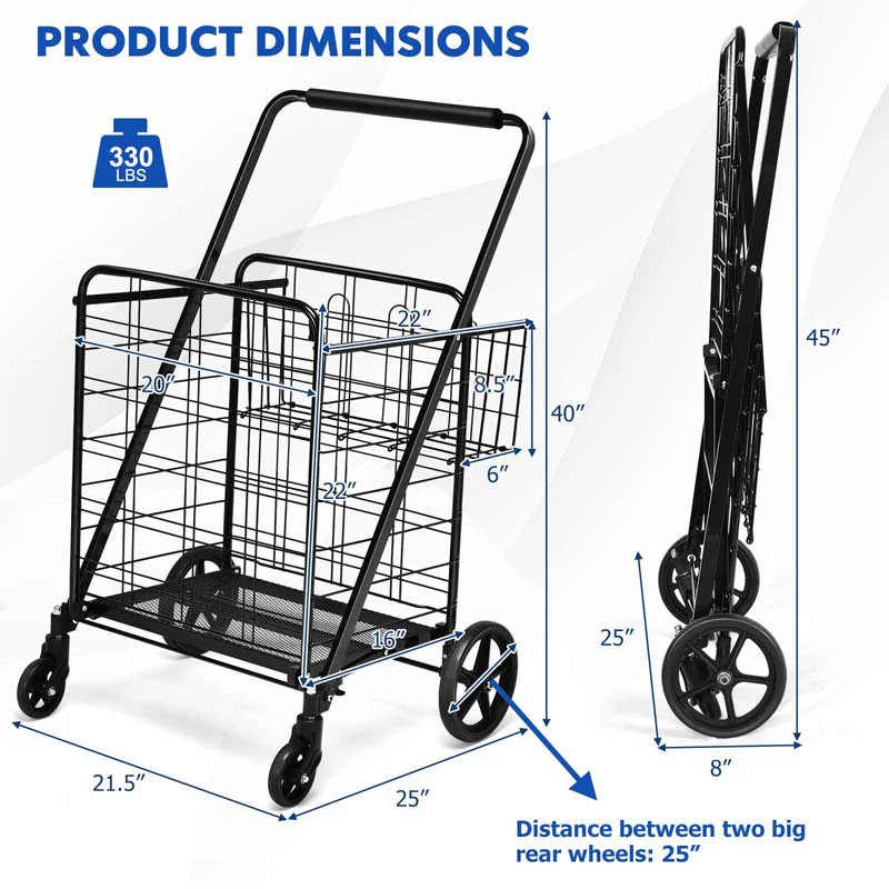Eletriclife Double Basket Folding Jumbo Shopping Cart with 360 Rolling Swivel Wheels
