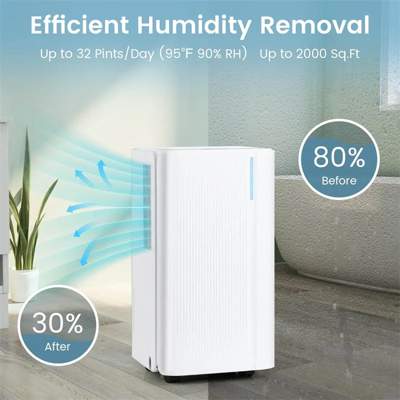 Eletriclife 32 Pints 2000 Sq.ft Dehumidifier for Basement with Drain Hose & 24H Timer