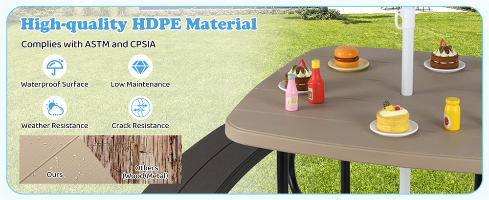 Eletriclife Outdoor 8-Person Kids HDPE Picnic Table Bench Set with Removable & Foldable Umbrella