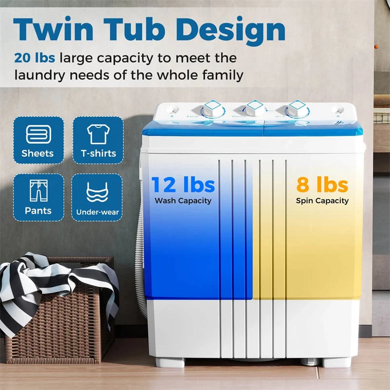 Eletriclife Portable Washing Machine 2-in-1 Twin Tub 20LB Capacity with Built-in Drain Pump for Apartment Dorm RV